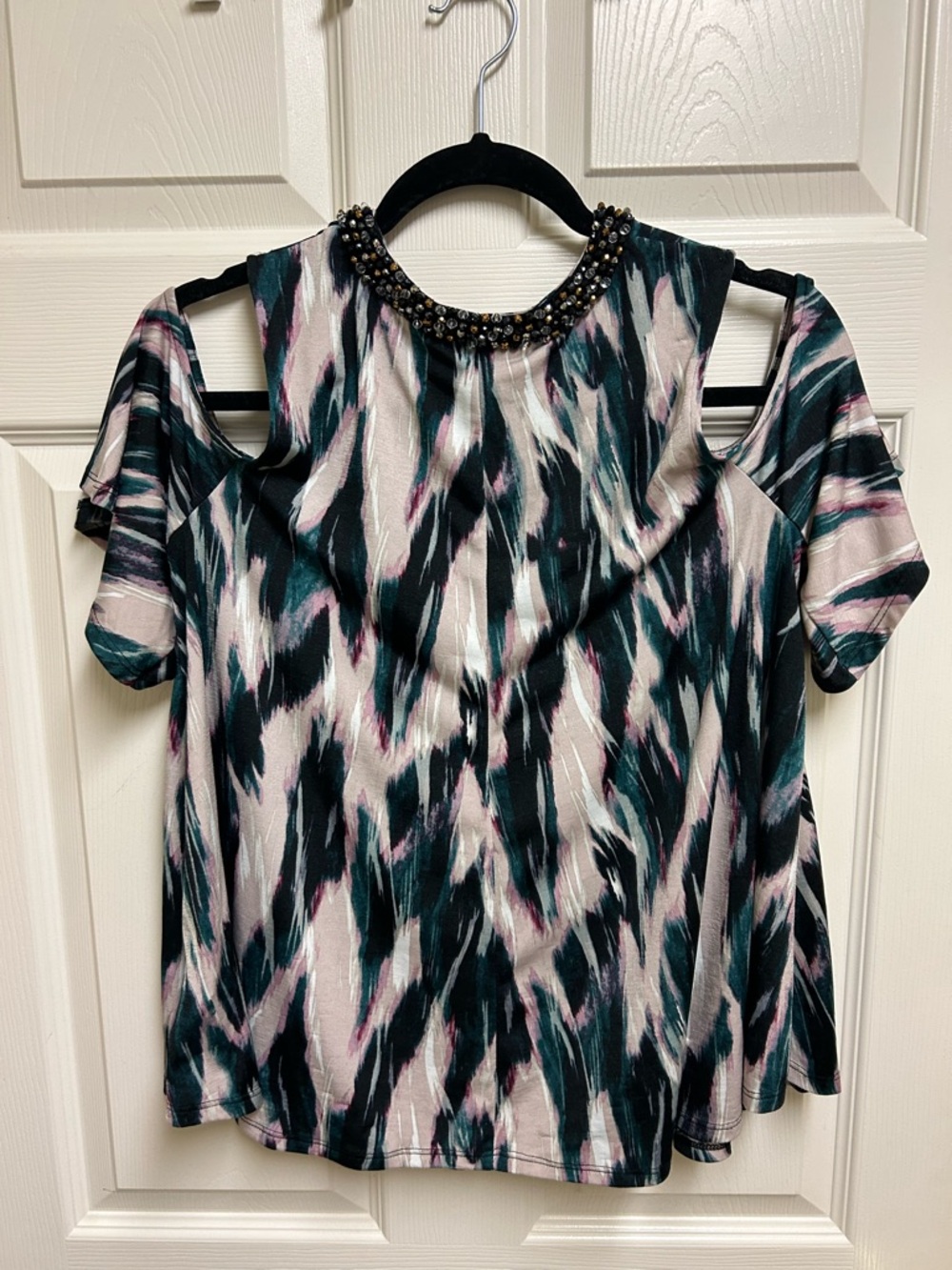 Jennifer Lopez Beaded Cold-Shoulder Blouse in Pink and Green